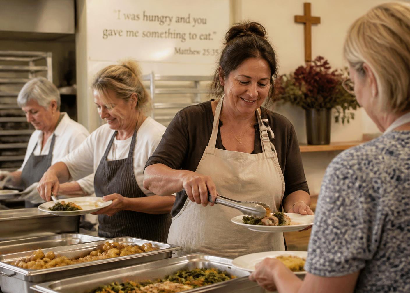 Volunteers and caterers plating home-style food in a church hall kitchen